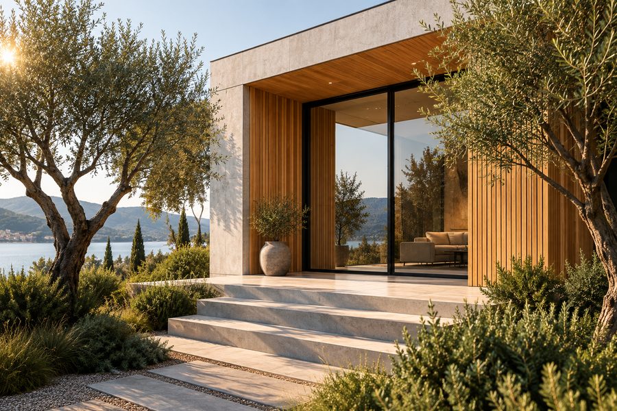 Haus am See – Neubau mit Holzlamellen und Natursteintreppe